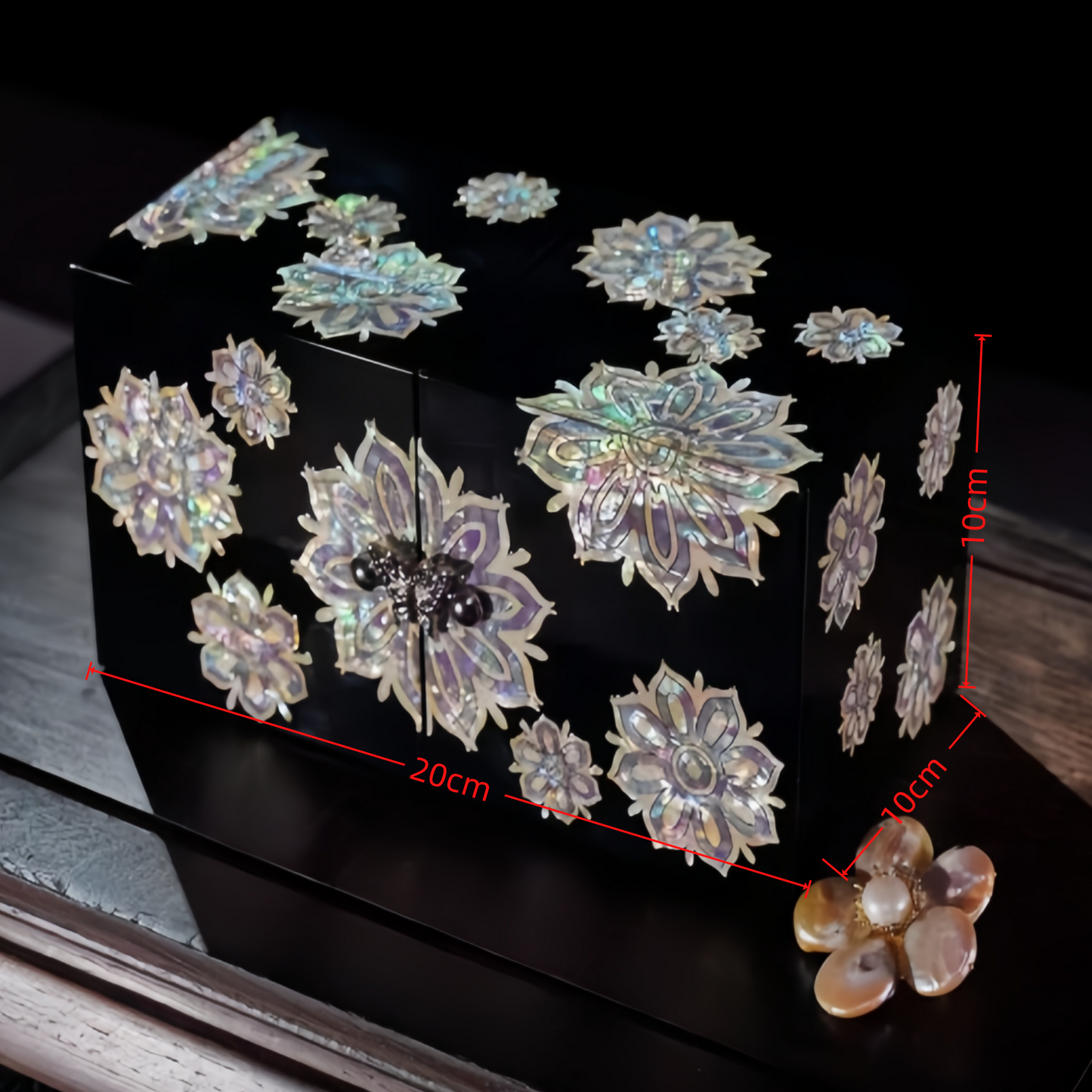 【FeliArtGifts】 handmade craft, Mother-of-Pearl Jewelry Box – 4-Drawer Organizer for Necklaces Rings Earrings Bracelets Mother Day Gift, Black & Red Lacquer Finish – 20x10x10cm, Gifts for Wedding MOM ,Have Gift box