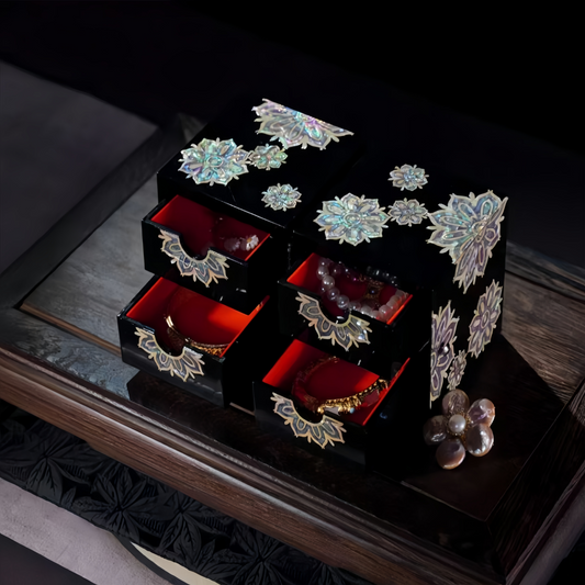 【FeliArtGifts】 handmade craft, Mother-of-Pearl Jewelry Box – 4-Drawer Organizer for Necklaces Rings Earrings Bracelets Mother Day Gift, Black & Red Lacquer Finish – 20x10x10cm, Gifts for Wedding MOM ,Have Gift box