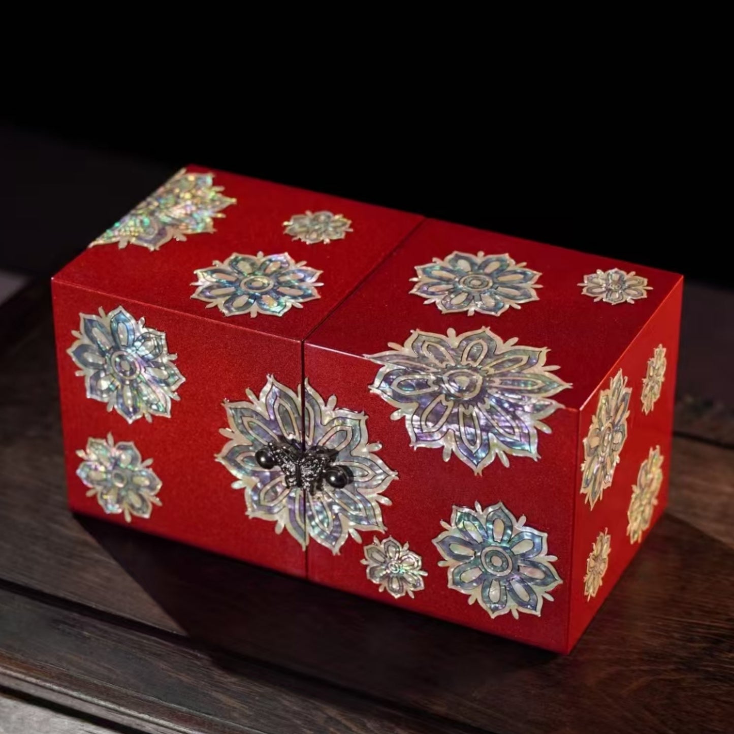 【FeliArtGifts】 handmade craft, Mother-of-Pearl Jewelry Box – 4-Drawer Organizer for Necklaces Rings Earrings Bracelets Mother Day Gift, Black & Red Lacquer Finish – 20x10x10cm, Gifts for Wedding MOM ,Have Gift box